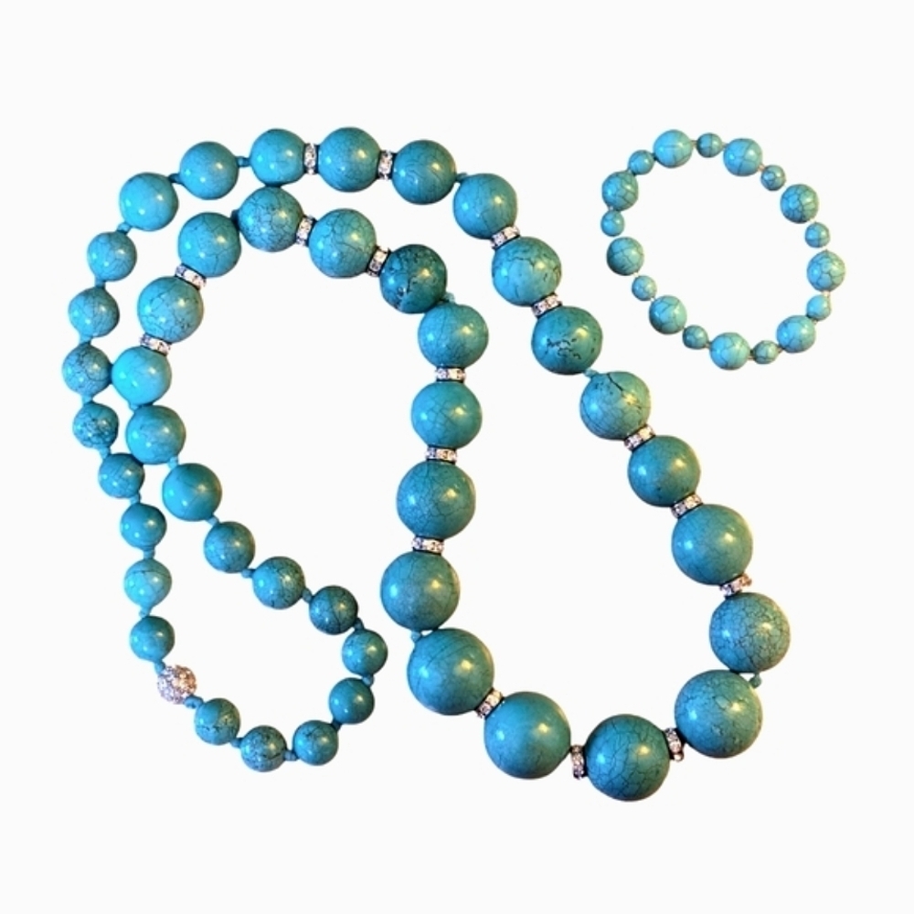 Turquoise Howlite 36" Graduated Stone & Rhinestone Spacer Necklace Bracelet Set